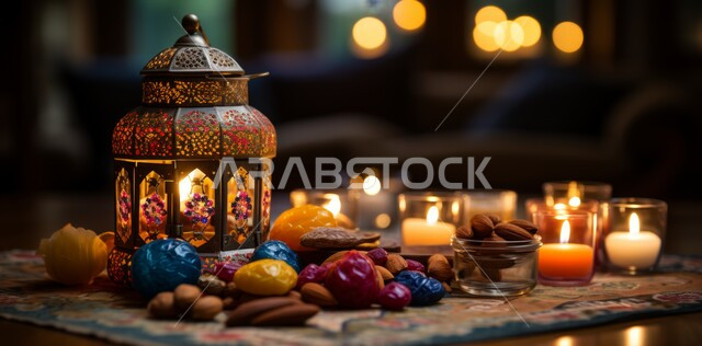Traditional Arabic lights and lamps, a illuminated decorative metal lantern next to a plate of nuts, preparing to welcome the holy month, the spiritual atmosphere in the holy days, decorations, decorations and lights for celebrations of Islamic religious occasions and holidays, the joy of the advent of the blessed Ramadan.