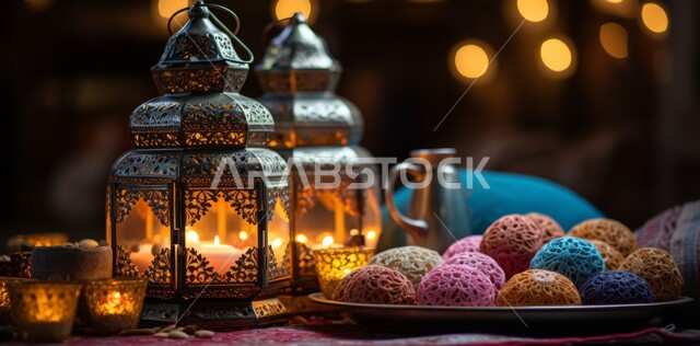 Traditional Arabic lights and lamps, a illuminated decorative metal lantern next to a plate of nuts, preparing to welcome the holy month, the spiritual atmosphere in the holy days, decorations, decorations and lights for celebrations of Islamic religious occasions and holidays, the joy of the advent of the blessed Ramadan.