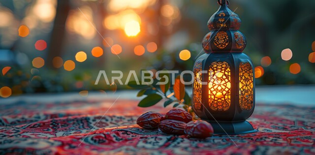فانوس معدني مزخرف مضيء, أضواء و مصابيح عربية تقليدية, الاستعداد لاستقبال الشهر الفضيل، الأجواء الروحانية في الأيام الفضيلة, زينة و ديكورات و أنوار الاحتفالات بالمناسبات و الأعياد الدينية الإسلامية, البهجة بقدوم رمضان المبارك