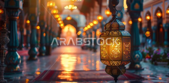 فانوس معدني مزخرف مضيء, أضواء و مصابيح عربية تقليدية, الاستعداد لاستقبال الشهر الفضيل، الأجواء الروحانية في الأيام الفضيلة, زينة و ديكورات و أنوار الاحتفالات بالمناسبات و الأعياد الدينية الإسلامية, البهجة بقدوم رمضان المبارك