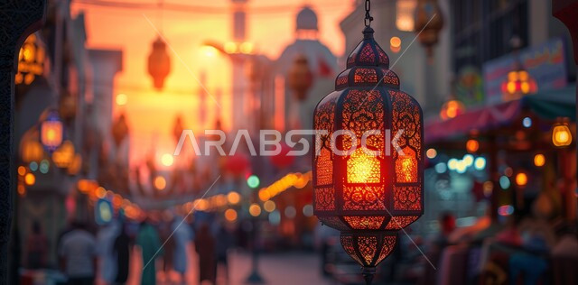 A hanging, decorative, luminous metal lantern, the spiritual atmosphere in the holy days, decorations, decorations, and lights for celebrations of Islamic religious occasions and holidays, the joy of the advent of the blessed Ramadan, traditional Arab lights and lamps, preparing to welcome the holy month
