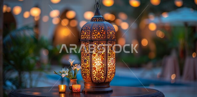 فانوس معدني مزخرف مضيء, الاستعداد لاستقبال الشهر الفضيل، أضواء و مصابيح عربية تقليدية, الأجواء الروحانية في الأيام الفضيلة, زينة و ديكورات و أنوار الاحتفالات بالمناسبات و الأعياد الدينية الإسلامية, البهجة بقدوم رمضان المبارك