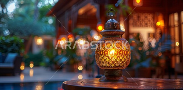 فانوس معدني مزخرف مضيء, الاستعداد لاستقبال الشهر الفضيل، أضواء و مصابيح عربية تقليدية, الأجواء الروحانية في الأيام الفضيلة, زينة و ديكورات و أنوار الاحتفالات بالمناسبات و الأعياد الدينية الإسلامية, البهجة بقدوم رمضان المبارك
