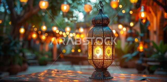 فانوس معدني مزخرف مضيء, الاستعداد لاستقبال الشهر الفضيل، أضواء و مصابيح عربية تقليدية, الأجواء الروحانية في الأيام الفضيلة, زينة و ديكورات و أنوار الاحتفالات بالمناسبات و الأعياد الدينية الإسلامية, البهجة بقدوم رمضان المبارك
