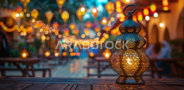 الاستعداد لاستقبال الشهر الفضيل، أضواء و مصابيح عربية تقليدية, فانوس معدني مزخرف مضيء, الأجواء الروحانية في الأيام الفضيلة, زينة و ديكورات و أنوار الاحتفالات بالمناسبات و الأعياد الدينية الإسلامية, البهجة بقدوم رمضان المبارك