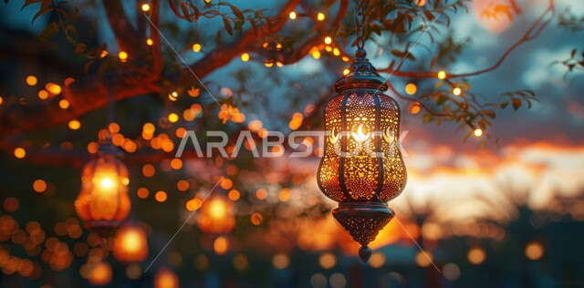 أضواء و مصابيح عربية تقليدية, فانوس معدني معلق مزخرف مضيء, الاستعداد لاستقبال الشهر الفضيل، الأجواء الروحانية في الأيام الفضيلة, زينة و ديكورات و أنوار الاحتفالات بالمناسبات و الأعياد الدينية الإسلامية, البهجة بقدوم رمضان المبارك, 