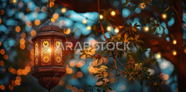 أضواء و مصابيح عربية تقليدية, فانوس معدني معلق مزخرف مضيء, الاستعداد لاستقبال الشهر الفضيل، الأجواء الروحانية في الأيام الفضيلة, زينة و ديكورات و أنوار الاحتفالات بالمناسبات و الأعياد الدينية الإسلامية, البهجة بقدوم رمضان المبارك, 
