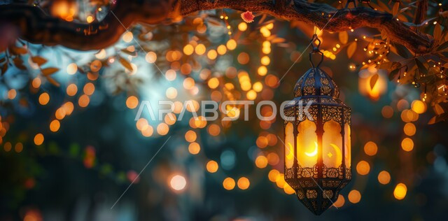 أضواء و مصابيح عربية تقليدية, فانوس معدني معلق مزخرف مضيء, الاستعداد لاستقبال الشهر الفضيل، الأجواء الروحانية في الأيام الفضيلة, زينة و ديكورات و أنوار الاحتفالات بالمناسبات و الأعياد الدينية الإسلامية, البهجة بقدوم رمضان المبارك, 