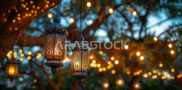 أضواء و مصابيح عربية تقليدية, فوانيس معدنية معلقة مزخرفة مضيئة, الاستعداد لاستقبال الشهر الفضيل، الأجواء الروحانية في الأيام الفضيلة, زينة و ديكورات و أنوار الاحتفالات بالمناسبات و الأعياد الدينية الإسلامية, البهجة بقدوم رمضان المبارك, 