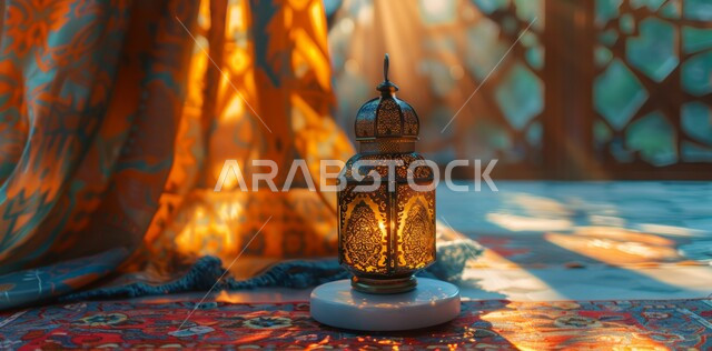 الاستعداد لاستقبال الشهر الفضيل، أضواء و مصابيح عربية تقليدية, فانوس معدني مزخرف مضيء, الأجواء الروحانية في الأيام الفضيلة, زينة و ديكورات و أنوار الاحتفالات بالمناسبات و الأعياد الدينية الإسلامية, البهجة بقدوم رمضان المبارك
