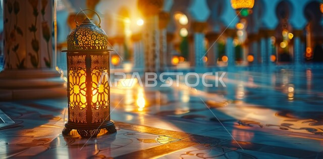 الاستعداد لاستقبال الشهر الفضيل، أضواء و مصابيح عربية تقليدية, فانوس معدني مزخرف مضيء, الأجواء الروحانية في الأيام الفضيلة, زينة و ديكورات و أنوار الاحتفالات بالمناسبات و الأعياد الدينية الإسلامية, البهجة بقدوم رمضان المبارك