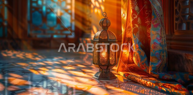الاستعداد لاستقبال الشهر الفضيل، أضواء و مصابيح عربية تقليدية, فانوس معدني مزخرف مضيء, الأجواء الروحانية في الأيام الفضيلة, زينة و ديكورات و أنوار الاحتفالات بالمناسبات و الأعياد الدينية الإسلامية, البهجة بقدوم رمضان المبارك
