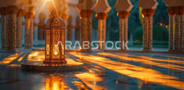 الاستعداد لاستقبال الشهر الفضيل، أضواء و مصابيح عربية تقليدية, فانوس معدني مزخرف مضيء, الأجواء الروحانية في الأيام الفضيلة, زينة و ديكورات و أنوار الاحتفالات بالمناسبات و الأعياد الدينية الإسلامية, البهجة بقدوم رمضان المبارك