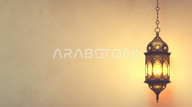 أضواء و مصابيح عربية تقليدية, فانوس معدني معلق مزخرف مضيء, الاستعداد لاستقبال الشهر الفضيل، الأجواء الروحانية في الأيام الفضيلة, زينة و ديكورات و أنوار الاحتفالات بالمناسبات و الأعياد الدينية الإسلامية, البهجة بقدوم رمضان المبارك, 