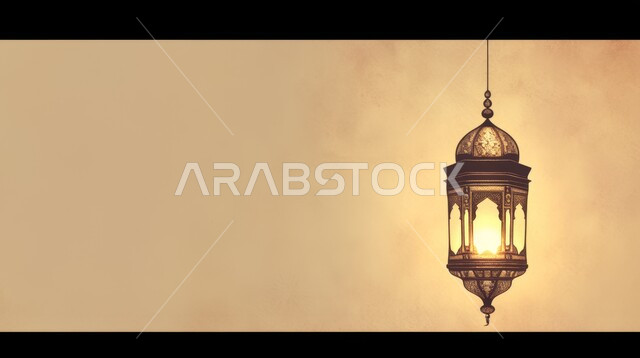 A decorative, luminous hanging metal lantern, traditional Arabic lights and lamps, preparing to welcome the holy month, the spiritual atmosphere in the holy days, decorations, decorations and lights for celebrations of Islamic religious occasions and holidays, the joy of the advent of the blessed Ramadan,