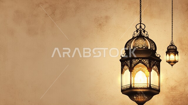 A decorative, luminous hanging metal lantern, traditional Arabic lights and lamps, preparing to welcome the holy month, the spiritual atmosphere in the holy days, decorations, decorations and lights for celebrations of Islamic religious occasions and holidays, the joy of the advent of the blessed Ramadan,