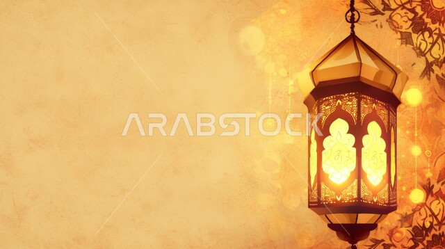 A decorative, luminous hanging metal lantern, traditional Arabic lights and lamps, preparing to welcome the holy month, the spiritual atmosphere in the holy days, decorations, decorations and lights for celebrations of Islamic religious occasions and holidays, the joy of the advent of the blessed Ramadan,