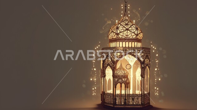 Luminous decorative metal lantern, spiritual atmosphere on holy days, decorations, decorations and lights for celebrations of Islamic religious occasions and holidays, joy at the advent of the blessed Ramadan, traditional Arab lights and lamps, preparing to welcome the holy month