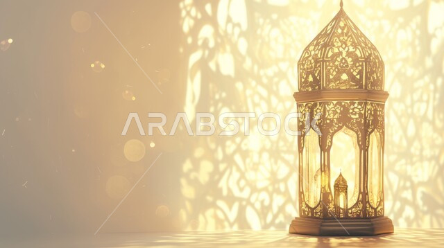 Spiritual atmosphere in the holy days, a hanging, decorative, illuminated metal lantern, decorations, decorations, and lights for celebrations of Islamic religious occasions and holidays, the joy of the advent of the blessed Ramadan, traditional Arab lights and lamps, preparing to welcome the holy month.
