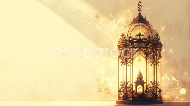 Luminous decorative metal lantern, spiritual atmosphere on holy days, decorations, decorations and lights for celebrations of Islamic religious occasions and holidays, joy at the advent of the blessed Ramadan, traditional Arab lights and lamps, preparing to welcome the holy month