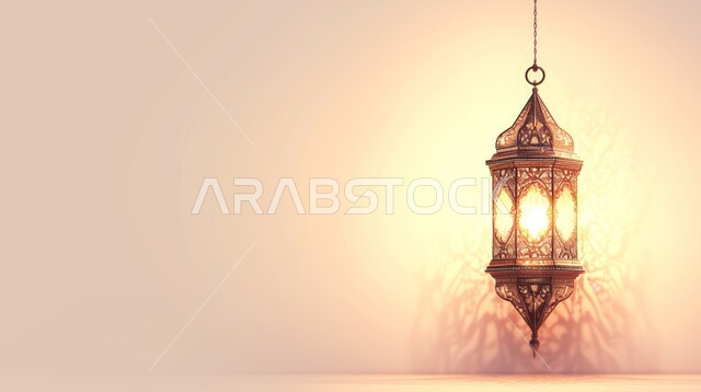 A hanging, decorative, luminous metal lantern, the spiritual atmosphere in the holy days, decorations, decorations, and lights for celebrations of Islamic religious occasions and holidays, the joy of the advent of the blessed Ramadan, traditional Arab lights and lamps, preparing to welcome the holy month