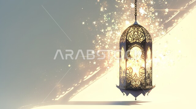 Spiritual atmosphere in the holy days, decorations, decorations, and lights for celebrations of Islamic religious occasions and holidays, a hanging, decorated, illuminated metal lantern, the joy of the advent of the blessed Ramadan, traditional Arab lights and lamps, preparing to welcome the holy month.