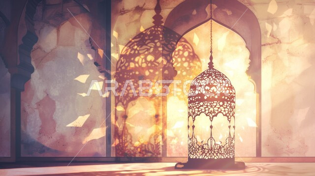 Spiritual atmosphere in the holy days, decorations, decorations, and lights for celebrations of Islamic religious occasions and holidays, a hanging, decorated, illuminated metal lantern, the joy of the advent of the blessed Ramadan, traditional Arab lights and lamps, preparing to welcome the holy month.