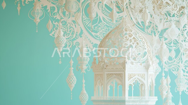 Joy at the advent of the blessed Ramadan, illuminated decorative metal lantern, spiritual atmosphere in the holy days, decorations, decorations and lights for celebrations of Islamic religious occasions and holidays, traditional Arab lights and lamps, preparing to welcome the holy month