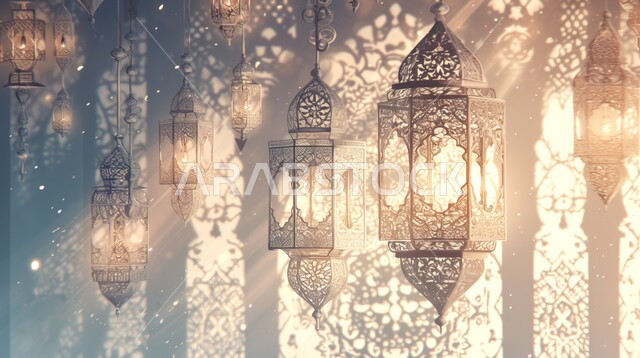 زينة و ديكورات و أنوار الاحتفالات بالمناسبات و الأعياد الدينية الإسلامية, الأجواء الروحانية في الأيام الفضيلة, فانوس معدني معلق مزخرف مضيء, البهجة بقدوم رمضان المبارك, أضواء و مصابيح عربية تقليدية, الاستعداد لاستقبال الشهر الفضيل