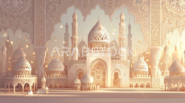 Worship and drawing closer to God Almighty, decorations for holidays and religious occasions, the arrival of the month of goodness, 3D illustrations of the minarets and domes of Islamic mosques, architectural art in the Islamic style, Islamic background