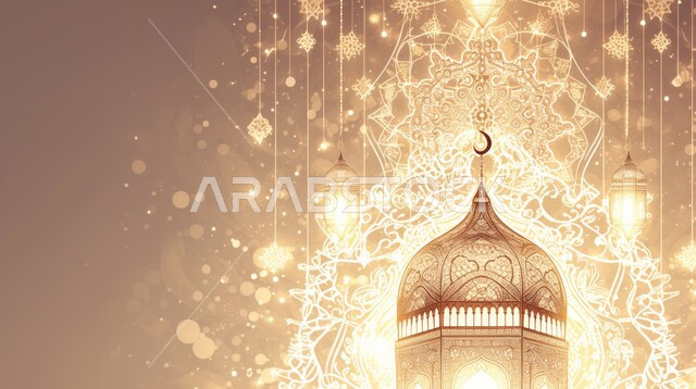 A hanging, decorative, luminous metal lantern, the spiritual atmosphere in the holy days, decorations, decorations, and lights for celebrations of Islamic religious occasions and holidays, the joy of the advent of the blessed Ramadan, traditional Arab lights and lamps, preparing to welcome the holy month