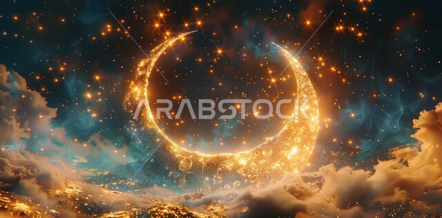 البهجة والاحتفال بقدوم شهر الخير، الأجواء الروحانية الهادئة، رسوم توضيحية ثلاثية الأبعاد لهلال رمضان المبارك باللون الذهبي في السماء مع الغيوم المتفرقة، الاحتفال بالأعياد و المناسبات الدينية الإسلامية