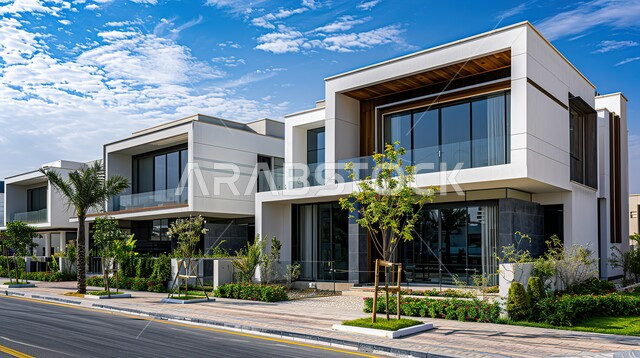 الفن الهندسي المعماري بواجهات ضخمة زجاجية, ديكورات وتصاميم خارجية عصرية متميزة على الطراز الحديث, البناء الخارجي الحديث المتطور للفنون الهندسية, الاهتمام بزراعة الأشجار، منتجعات وشاليهات سياحية فاخرة في المملكة العربية السعودية، مجمع سكني راقي