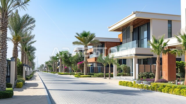 الفن الهندسي المعماري بواجهات ضخمة زجاجية, ديكورات وتصاميم خارجية عصرية متميزة على الطراز الحديث, البناء الخارجي الحديث المتطور للفنون الهندسية, الاهتمام بزراعة الأشجار، منتجعات وشاليهات سياحية فاخرة في المملكة العربية السعودية، مجمع سكني راقي