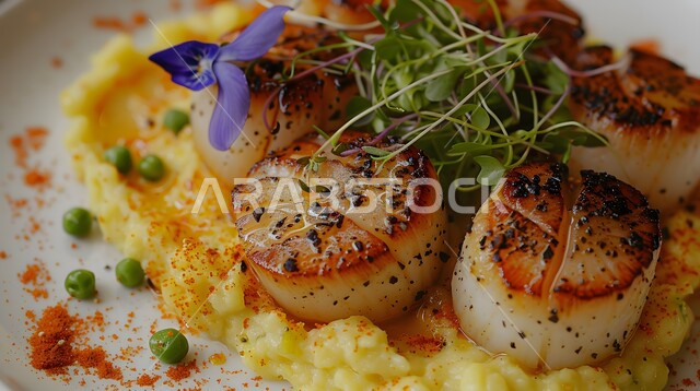 إسكالوب مقلي مع البطاطس المهروسة والخضراوات الصغيرة،وجبة ذات قيمة غذائية عالية، فنون التقديم في مطاعم ومطابخ المملكة العربية السعودية، أطباق من المأكولات العربية التقليدية الشعبية، وصفات طعام شهية صحية ولذيذة