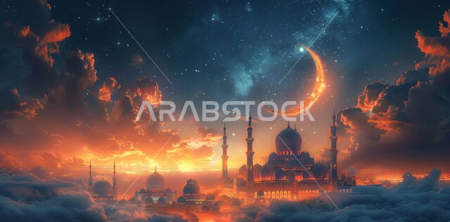 البهجة والاحتفال بقدوم شهر الخير، الأجواء الروحانية الهادئة، رسوم توضيحية ثلاثية الأبعاد لقبب ومآذن المساجد وقت الغروب، منظر هلال رمضان المبارك في السماء، مفهوم العبادة والتقرب إلى الله تعالى، الأعياد و المناسبات الدينية الإسلامية