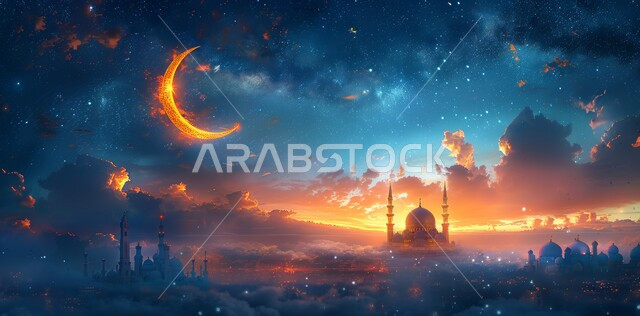 البهجة والاحتفال بقدوم شهر الخير، الأجواء الروحانية الهادئة، رسوم توضيحية ثلاثية الأبعاد لقبب ومآذن المساجد وقت الغروب، منظر هلال رمضان المبارك في السماء، مفهوم العبادة والتقرب إلى الله تعالى، الأعياد و المناسبات الدينية الإسلامية