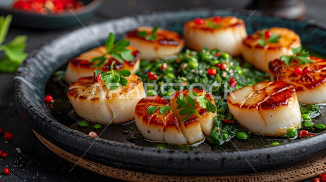 اسكالوب شهي مع هريس البازلاء والخضراوات الصغيرة، وجبة ذات قيمة غذائية عالية، فنون التقديم في مطاعم ومطابخ المملكة العربية السعودية، أطباق من المأكولات العربية التقليدية الشعبية، وصفات طعام شهية صحية ولذيذة