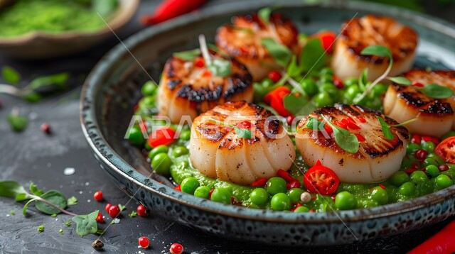 اسكالوب شهي مع هريس البازلاء والخضراوات الصغيرة، وجبة ذات قيمة غذائية عالية، فنون التقديم في مطاعم ومطابخ المملكة العربية السعودية، أطباق من المأكولات العربية التقليدية الشعبية، وصفات طعام شهية صحية ولذيذة