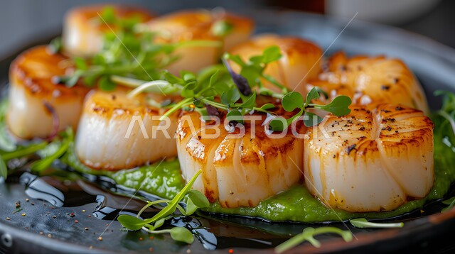 اسكالوب شهي مع هريس البازلاء والخضراوات الصغيرة، وجبة ذات قيمة غذائية عالية، فنون التقديم في مطاعم ومطابخ المملكة العربية السعودية، أطباق من المأكولات العربية التقليدية الشعبية، وصفات طعام شهية صحية ولذيذة