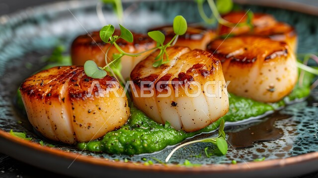 اسكالوب شهي مع هريس البازلاء والخضراوات الصغيرة، وجبة ذات قيمة غذائية عالية، فنون التقديم في مطاعم ومطابخ المملكة العربية السعودية، أطباق من المأكولات العربية التقليدية الشعبية، وصفات طعام شهية صحية ولذيذة