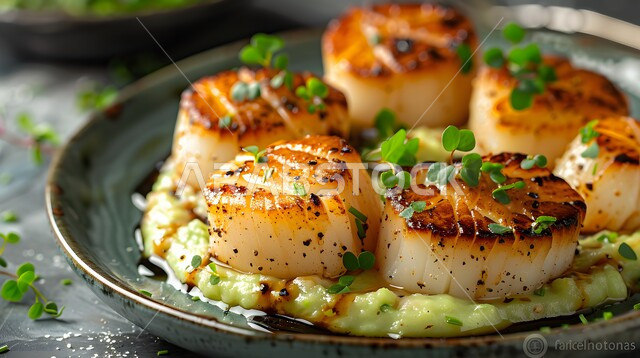 طبق من الاسكالوب المشوي مع هريس الأفوكادو مزين بطريقة فنية، وجبة ذات قيمة غذائية عالية، فنون التقديم في مطاعم ومطابخ المملكة العربية السعودية، أطباق من المأكولات العربية التقليدية الشعبية، وصفات طعام شهية صحية ولذيذة