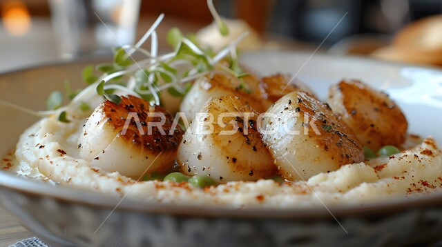 طبق من الاسكالوب المشوي مع هريس الأفوكادو مزين بطريقة فنية، وجبة ذات قيمة غذائية عالية، فنون التقديم في مطاعم ومطابخ المملكة العربية السعودية، أطباق من المأكولات العربية التقليدية الشعبية، وصفات طعام شهية صحية ولذيذة