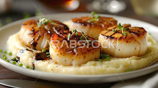 A plate of grilled scallops with avocado puree decorated in an artistic way, a meal with high nutritional value, the art of presentation in restaurants and kitchens in the Kingdom of Saudi Arabia, dishes of traditional popular Arab cuisine, delicious, healthy and tasty food recipes