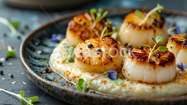 طبق من الاسكالوب المشوي مع هريس الأفوكادو مزين بطريقة فنية، وجبة ذات قيمة غذائية عالية، فنون التقديم في مطاعم ومطابخ المملكة العربية السعودية، أطباق من المأكولات العربية التقليدية الشعبية، وصفات طعام شهية صحية ولذيذة