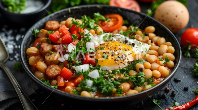 طبق إفطار شهي مع النقانق والفاصولياء والبيض، وجبة ذات قيمة غذائية عالية، فنون التقديم في مطاعم ومطابخ المملكة العربية السعودية، أطباق من المأكولات العربية التقليدية الشعبية، وصفات طعام شهية صحية ولذيذة