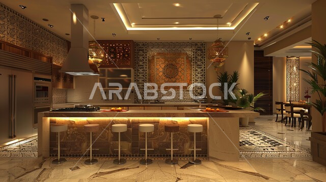 مطابخ بديكورات عصرية في المملكة العربية السعودية، مطبخ عربي فاخر بخزن خشبية، التصاميم الداخلية للفلل والشقق السكنية، واجهة زجاجية مطلة على الطبيعة