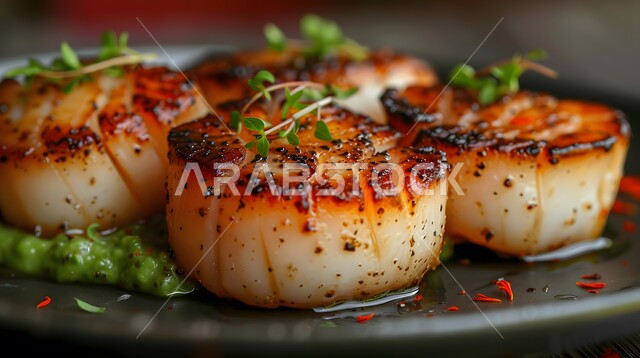 طبق من الاسكالوب المشوي مع هريس الأفوكادو مزين بطريقة فنية، وجبة ذات قيمة غذائية عالية، فنون التقديم في مطاعم ومطابخ المملكة العربية السعودية، أطباق من المأكولات العربية التقليدية الشعبية، وصفات طعام شهية صحية ولذيذة