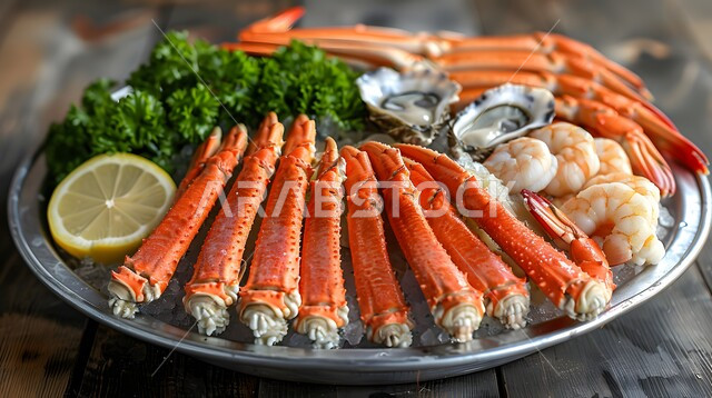 طبق المأكولات البحرية بأغلب انواعها من الروبيان والمحار وغيرها، وجبة ذات قيمة غذائية عالية ، فنون التقديم في مطاعم ومطابخ المملكة العربية السعودية، أطباق من المأكولات العربية التقليدية الشعبية الغنية بالبروتينات، وصفات طعام شهية صحية ولذيذة