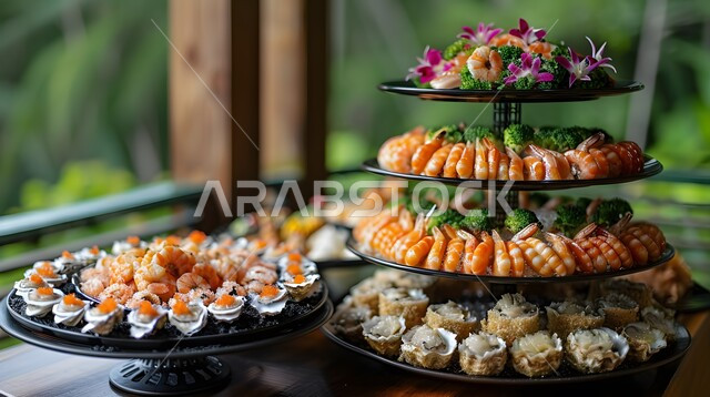 طبق المأكولات البحرية بأغلب انواعها من الروبيان والمحار وغيرها، وجبة ذات قيمة غذائية عالية ، فنون التقديم في مطاعم ومطابخ المملكة العربية السعودية، أطباق من المأكولات العربية التقليدية الشعبية الغنية بالبروتينات، وصفات طعام شهية صحية ولذيذة